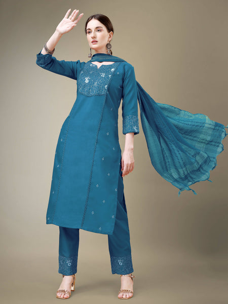 Aastha Fashion Women's Morpich Cotton Blend Embroidery & Fancy Lace Work Kurta with Trouser & Dupatta - Distacart