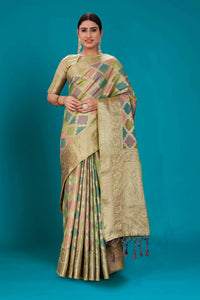 Thumbnail for Green Soft Organza Woven Design Saree with Unstitched Blouse Piece - Zaara - Distacart