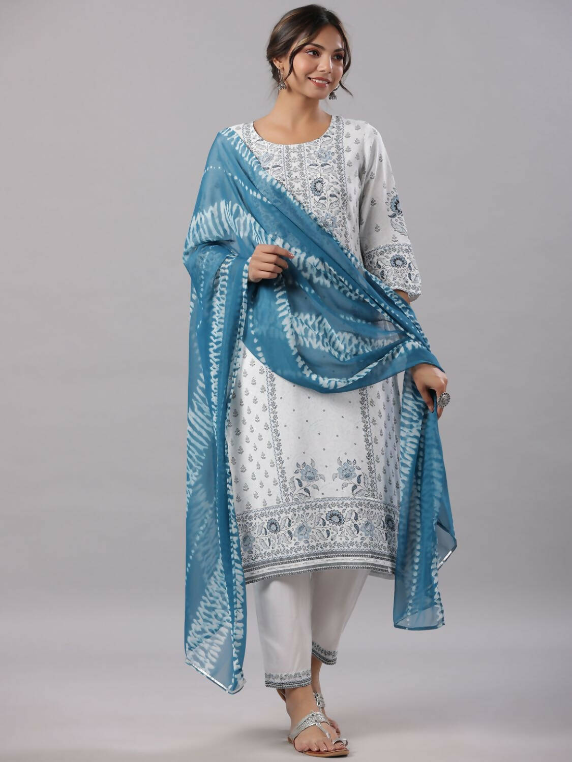 Juniper Women Sky-Blue Rayon Staple Kalamkari Printed Kurta, Pants and Dupatta Set - Distacart