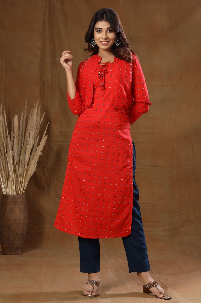 Kaajh Red Printed Jacket Kurta Pant Set For Women - Distacart