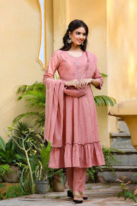 Thumbnail for Yufta Women's Pink Tiered Embroidered Kurta with Trouser and Dupatta