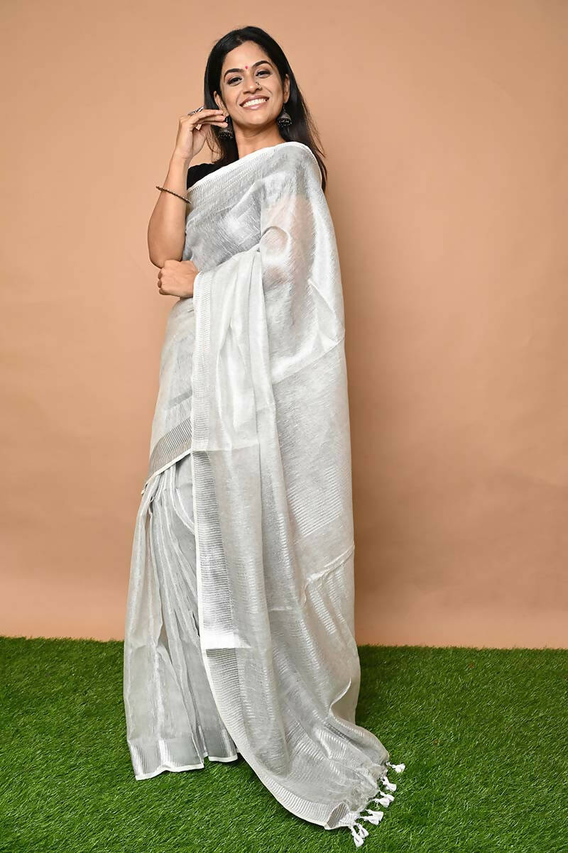 Very Much Indian Pure Linen Saree With Sleek Border And Exclusive Design - White - Distacart