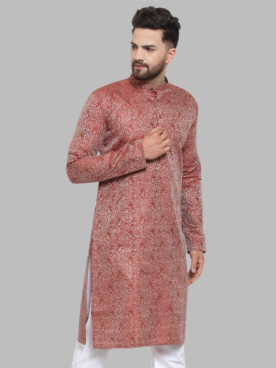 Jompers Men Maroon & White Woven Design Kurta Only - Distacart