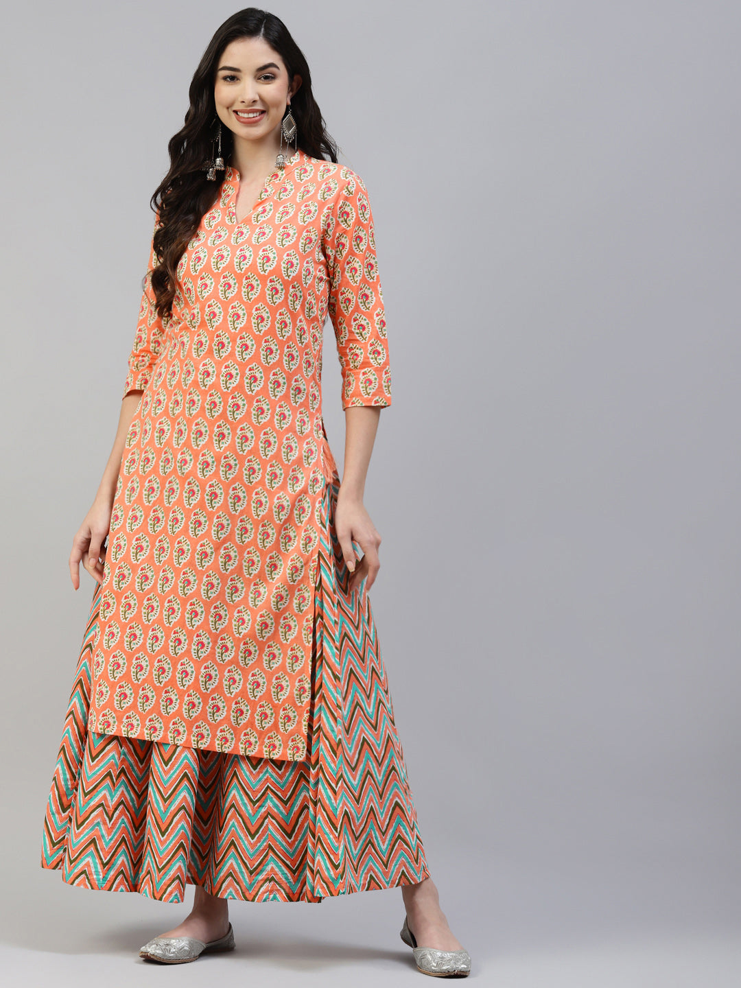 NOZ2TOZ Women's Peach Cotton Print Straight Kurta with Skirt - Distacart