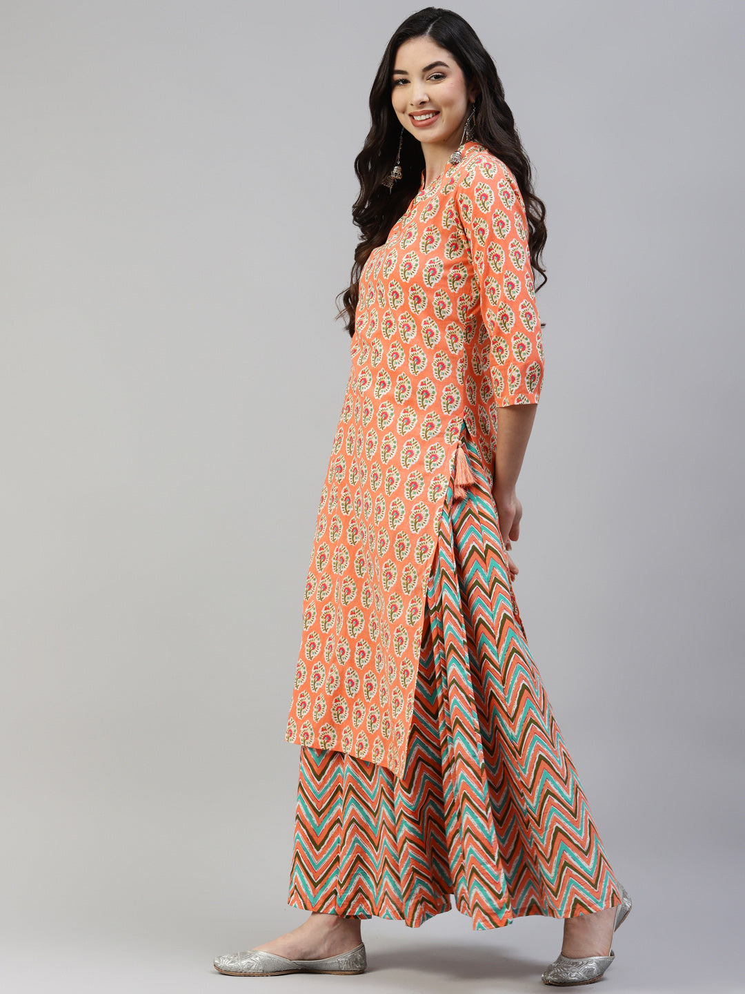 NOZ2TOZ Women's Peach Cotton Print Straight Kurta with Skirt - Distacart