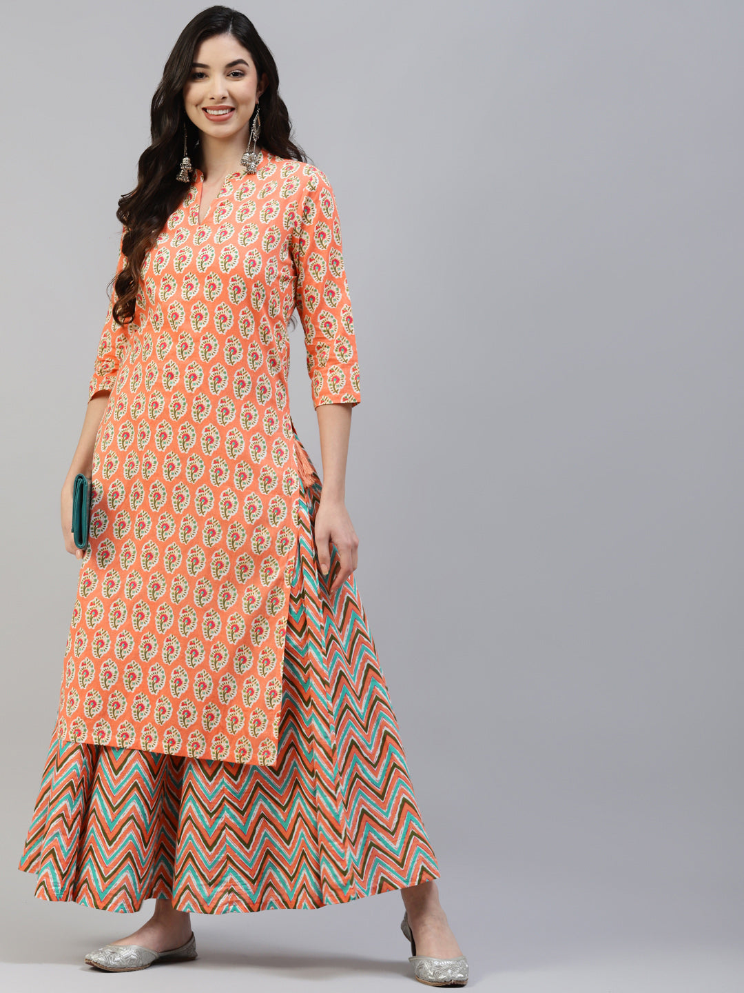 NOZ2TOZ Women's Peach Cotton Print Straight Kurta with Skirt - Distacart