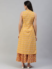 Thumbnail for NOZ2TOZ Women's Yellow Printed High Slit Pure Cotton Sleeveless Kurta with Skirt - Distacart