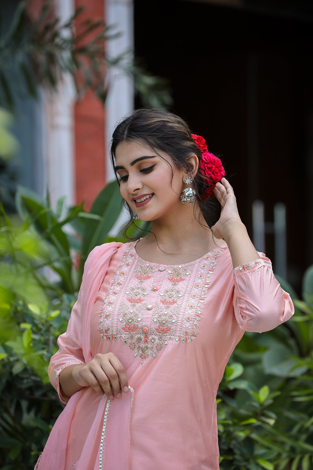 Kaajh Women's Pink Floral Modal Silk Suit Set - Distacart
