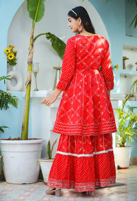 Thumbnail for Kaajh Woman's Red Bandhej Cotton Paplum Kurta Sharara With Dupatta - Distacart