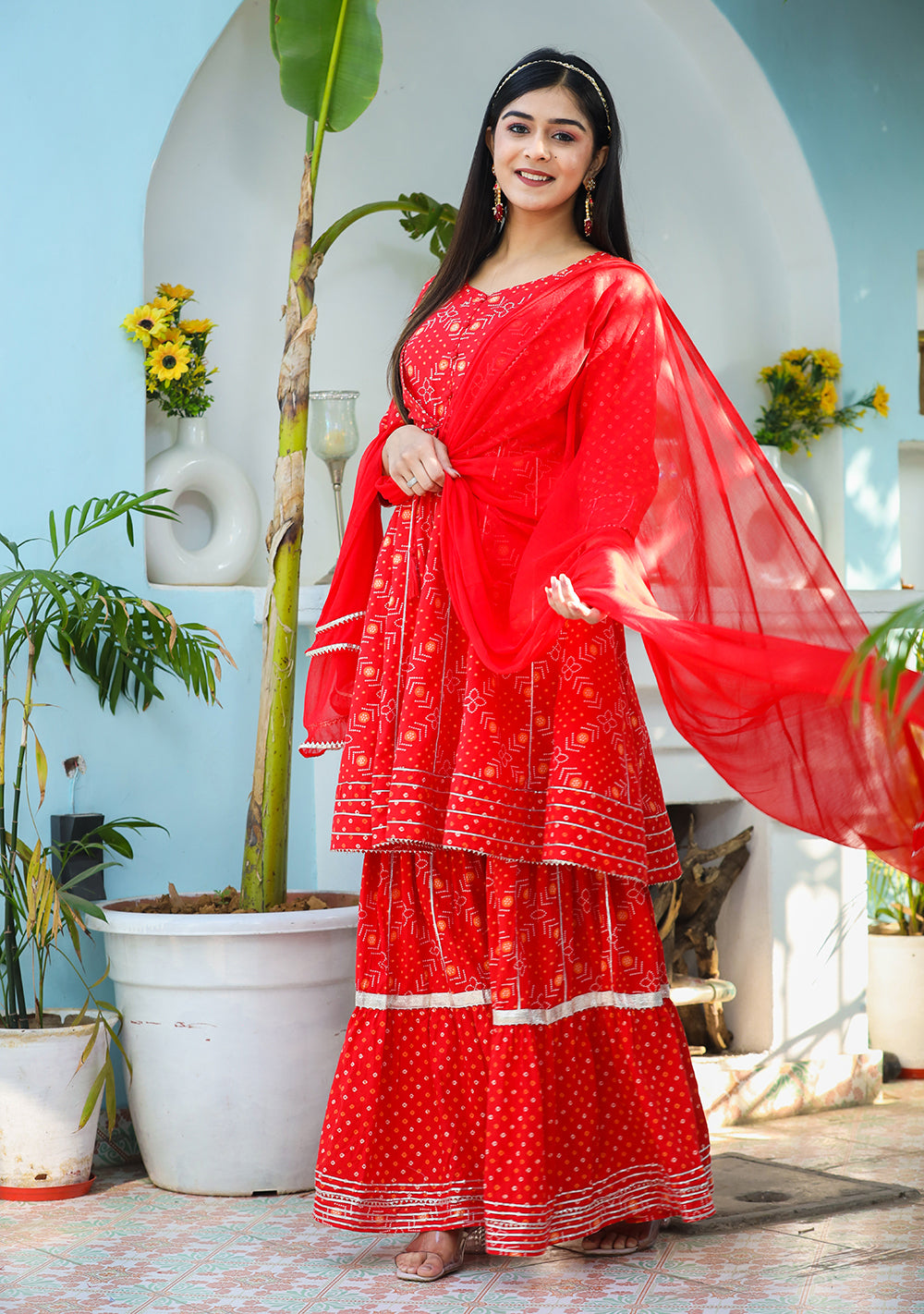 Kaajh Woman's Red Bandhej Cotton Paplum Kurta Sharara With Dupatta - Distacart