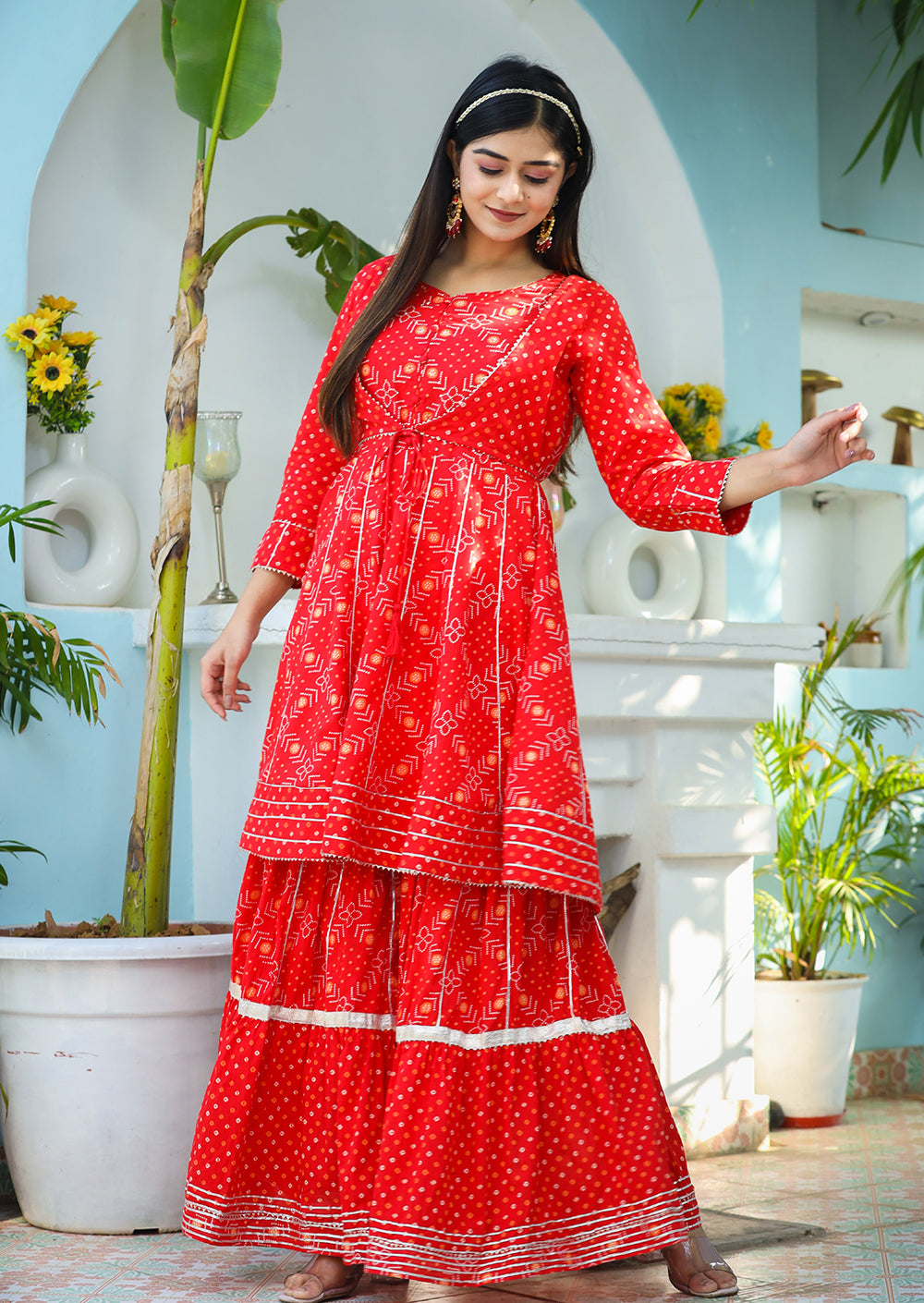 Kaajh Woman's Red Bandhej Cotton Paplum Kurta Sharara With Dupatta - Distacart