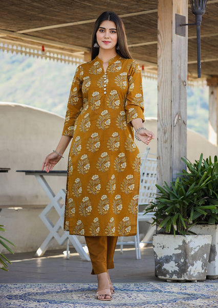 Kaajh Women's Mustard Floral Print Cotton Kurta Pant Set - Distacart