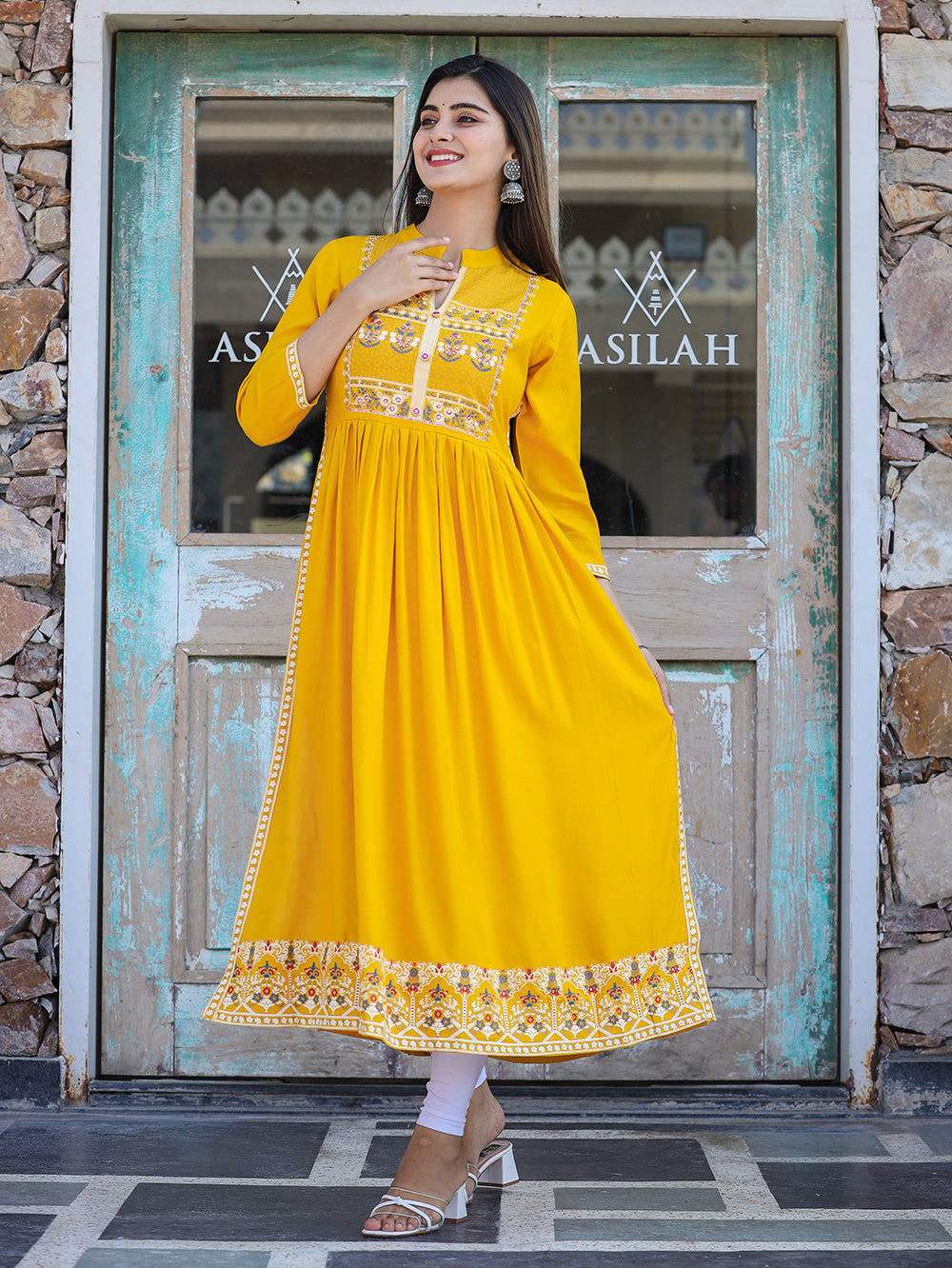 Buy SCAKHI Yellow Stripes Silk V-Neck Women's Ethnic Dress | Shoppers Stop