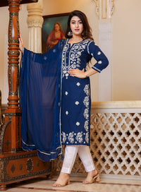 Thumbnail for Kaajh Women's Navy Blue Lucknow Chikankari Kurta Set With Pant and Dupatta - Distacart