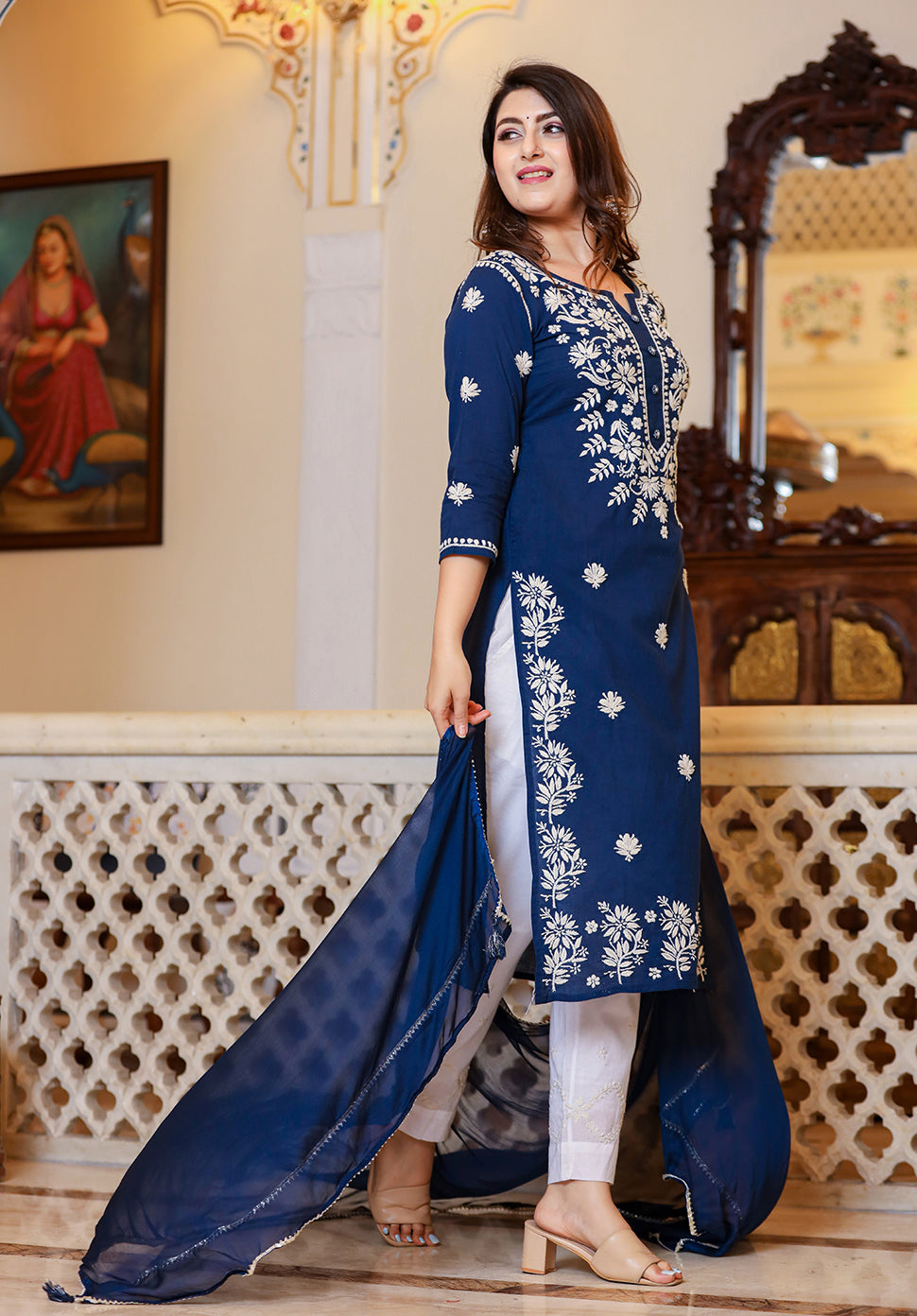 Kaajh Women's Navy Blue Lucknow Chikankari Kurta Set With Pant and Dupatta - Distacart