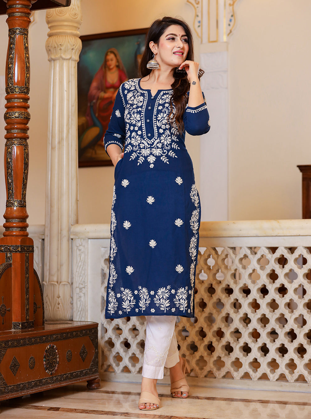 Kaajh Women's Navy Blue Lucknow Chikankari Kurta Set With Pant and Dupatta - Distacart