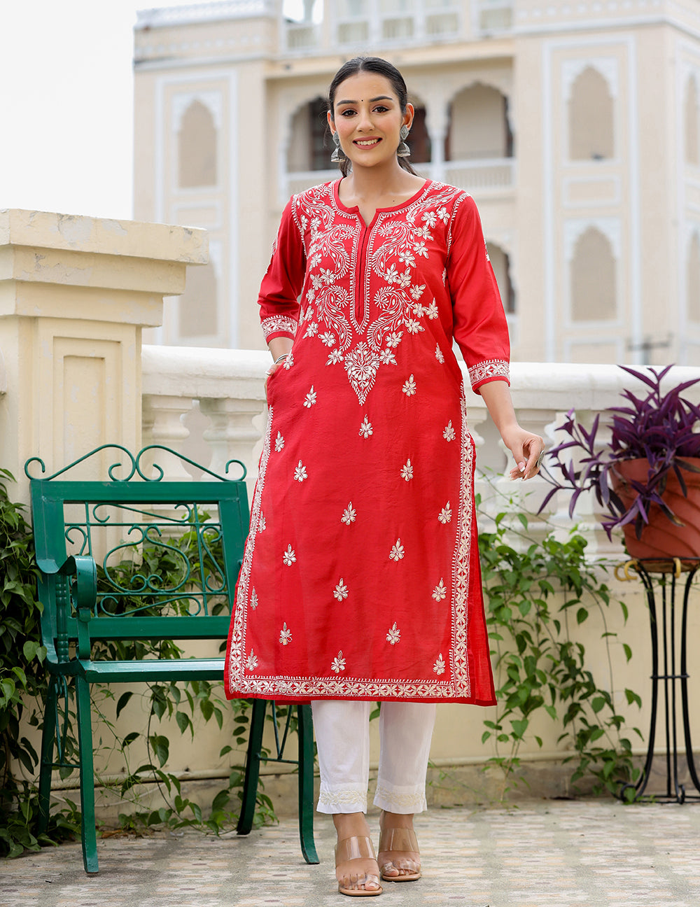 Buy Kaajh Women's Red Chikhankari Embroidered Kurta Pant Set