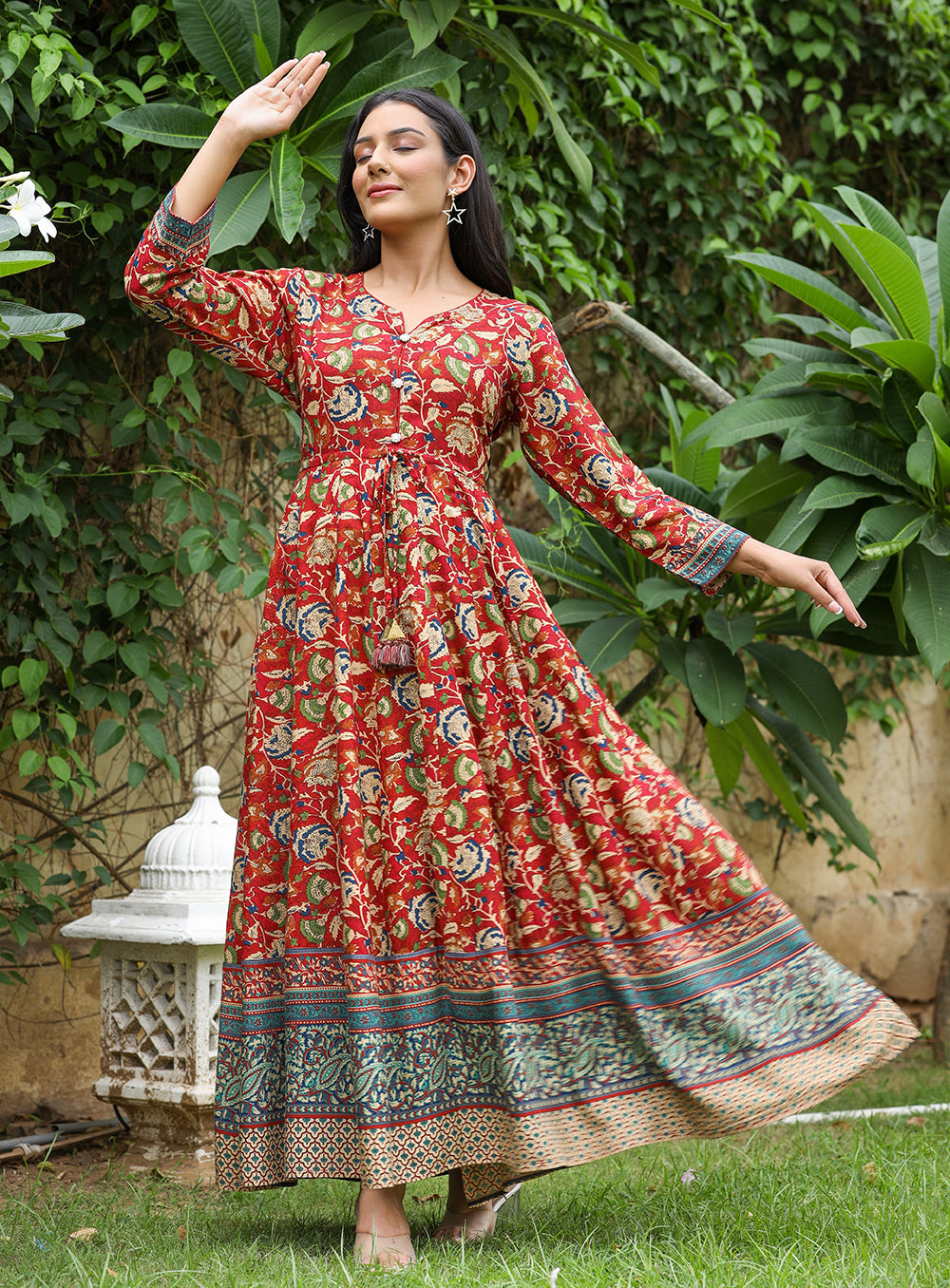 Red and yellow kalamkari silk double layered dress by Athira Designs | The  Secret Label