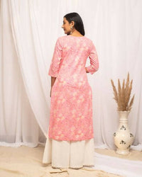 Thumbnail for FIORRA Women's Floral Printed Peach Cotton Straight Kurta - Distacart