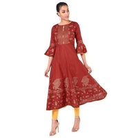 Thumbnail for Aniyah Cotton Gold Print Flared Anarkali Kurta Maroon (AN-162K)