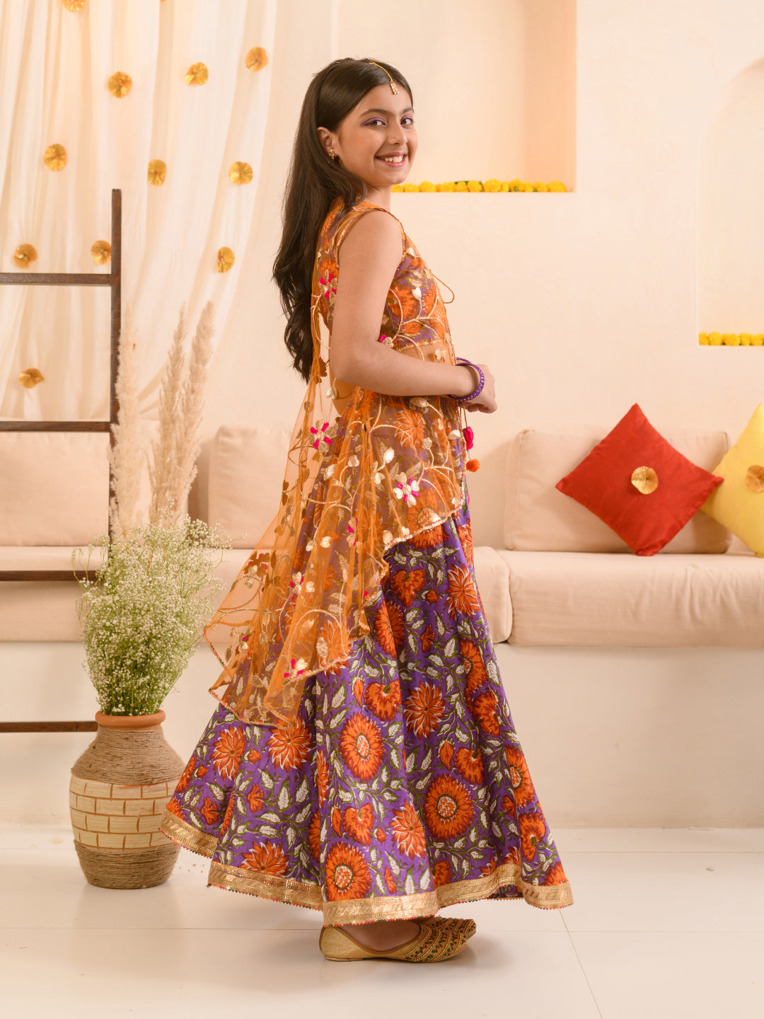 Shubhkala Yellow & Orange Colored Dori Zari And Sequins Embroidered &  Digital Floral Printed Organza Party Wear Lehenga - SHUBHKALA - 3827992