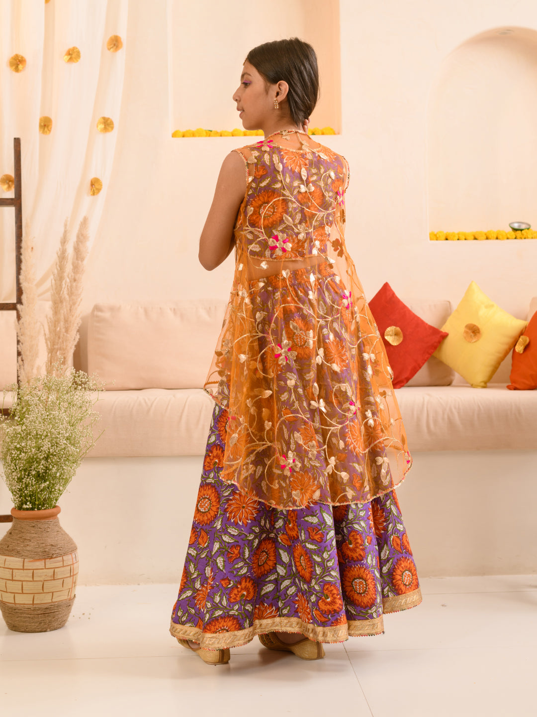 Buy Women Orange Floral Print Lehenga Set With Embroidered Blouse And  Dupatta - Feed Luxe Lehenga - Indya