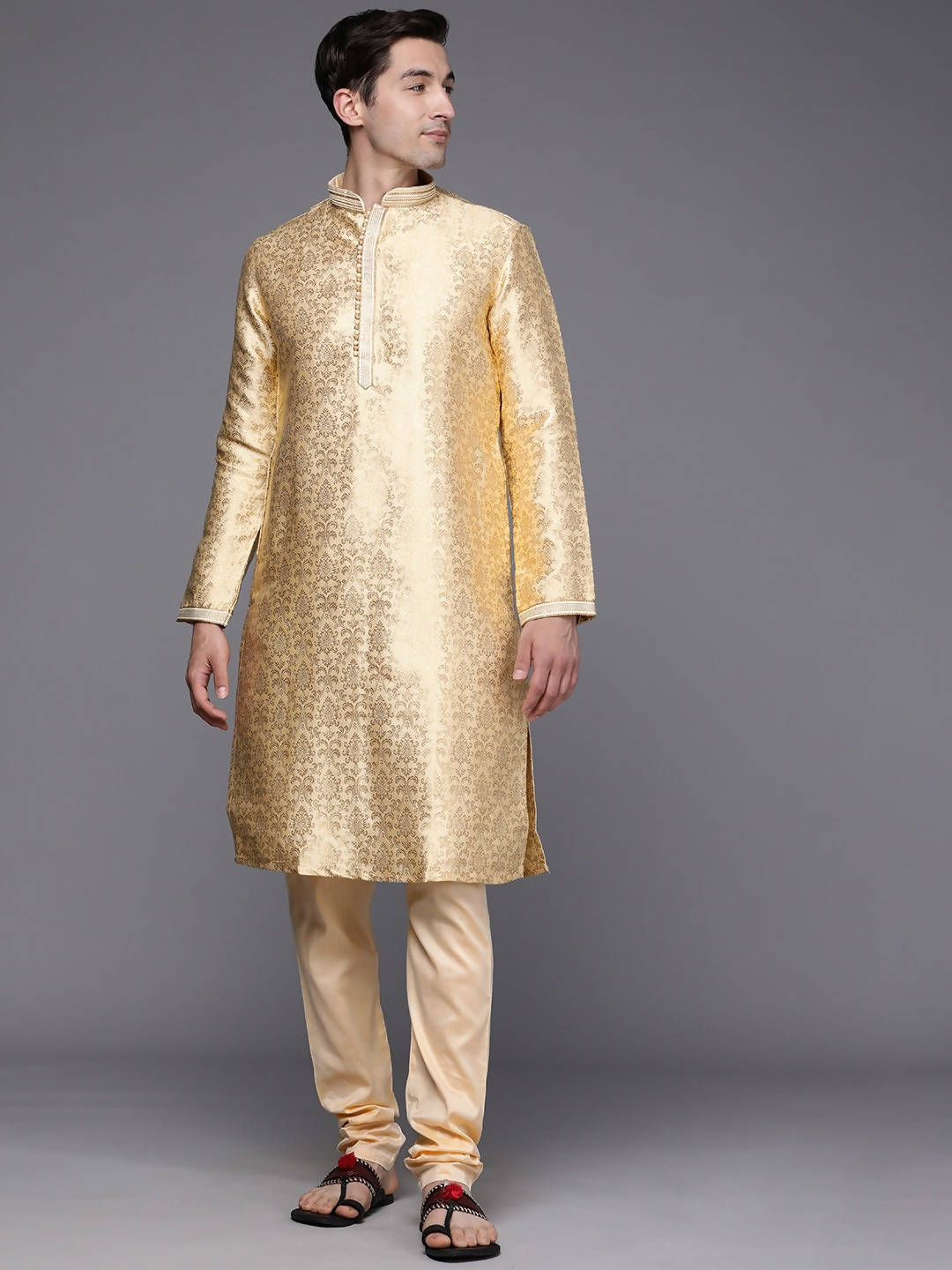 Manyavar Men Beige Ethnic Motifs Woven Design Kurta with Churidar - Distacart