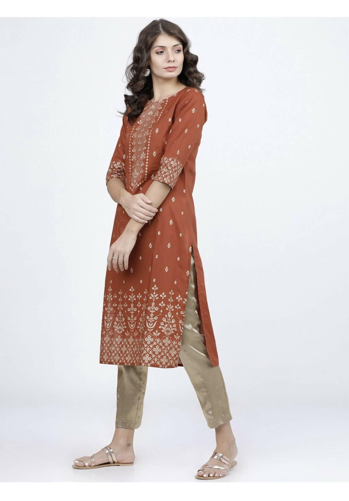 Cheera Embellished Daily Wear Cotton Blend Kurta - Brown - Distacart