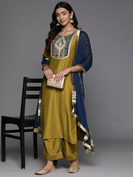 Varanga Ethnic Motifs Zari Embroidered Regular Kurta with Trousers & Dupatta - Distacart