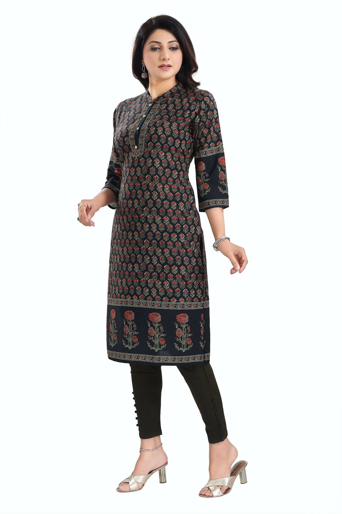 Snehal Creations Breathtaking Black Designer Digital Print Cotton Slub Fabric Long Kurti Tunic - Distacart