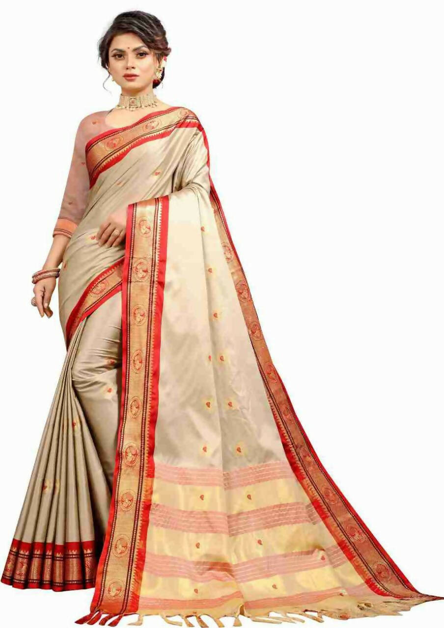 DEIANA'S Beautiful Golden Jari with New Design Soft Lichi Silk Saree - Cream - Distacart