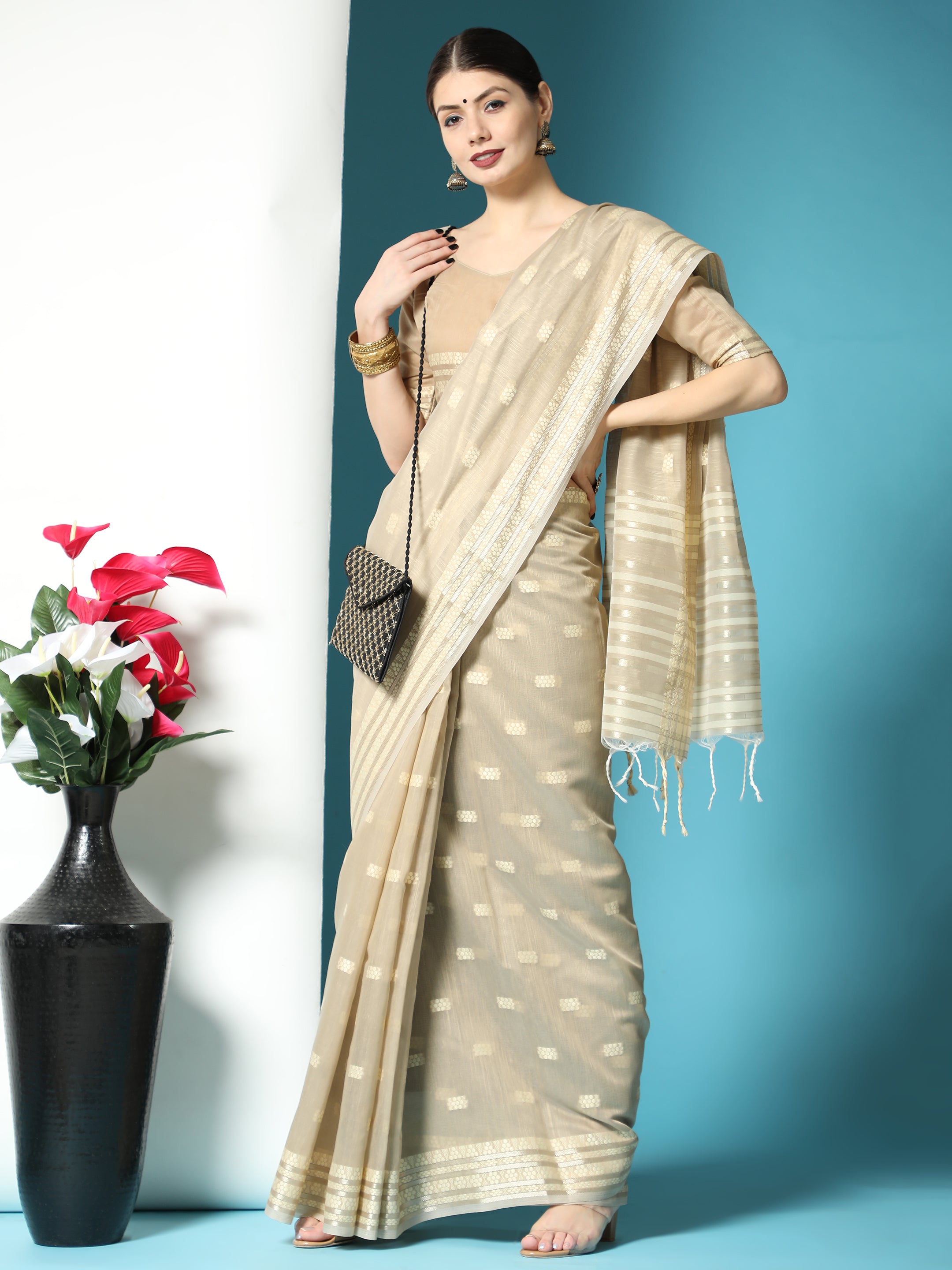 Pastel Pink Lucknowi Woven Linen Saree – MySilkLove