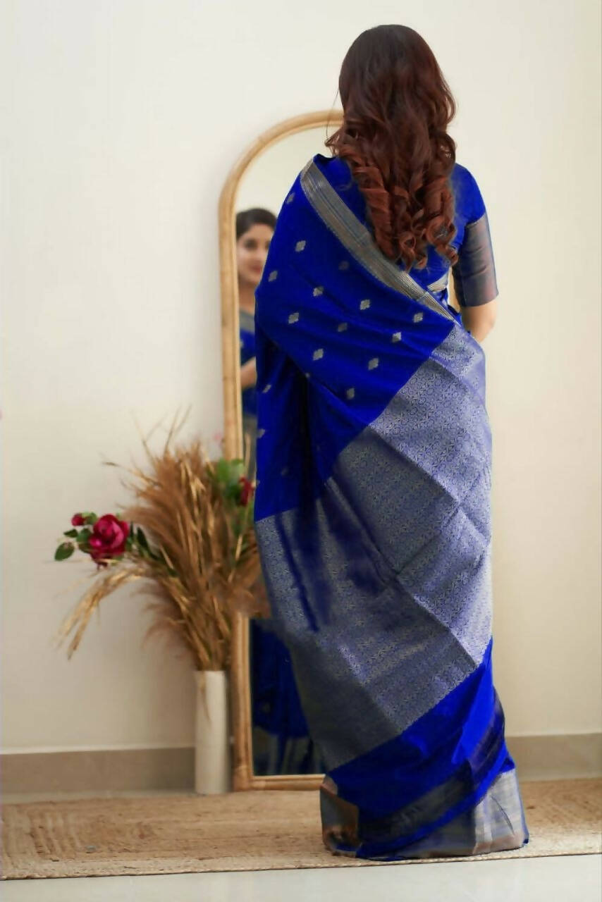 DEIANA'S Beautiful Golden Jari with New Design Soft Lichi Silk Saree - Royal Blue - Distacart