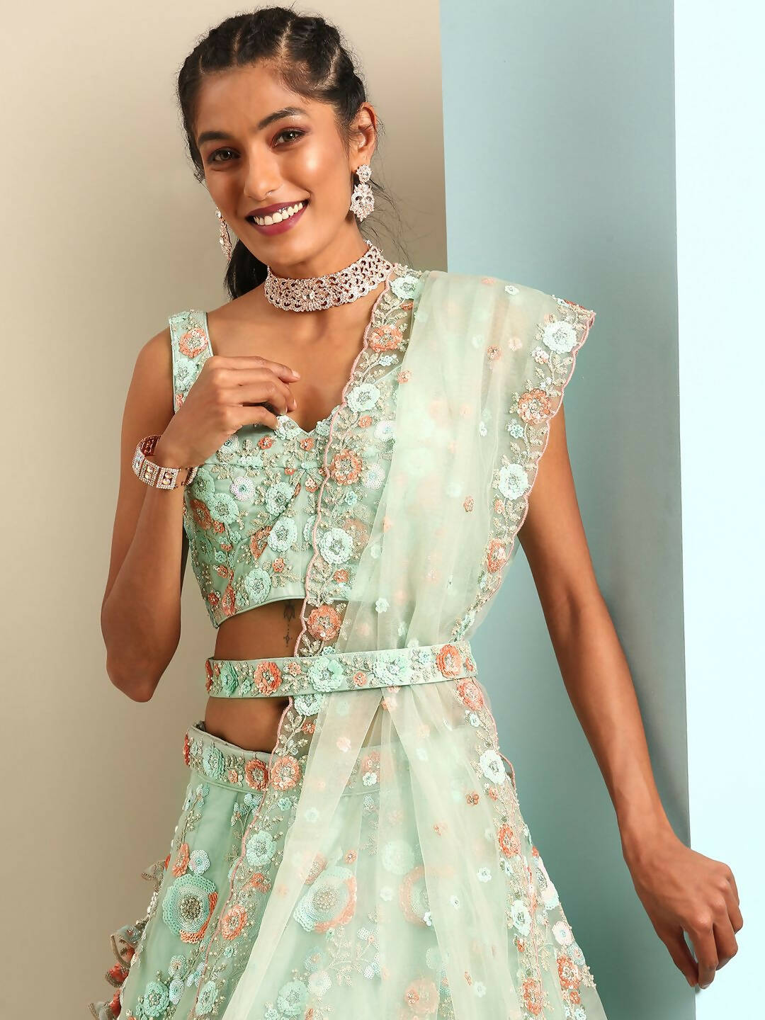 House of Panchhi Sea Green Net Sequins and Zarkan embroidery Lehenga choli & Dupatta - Distacart