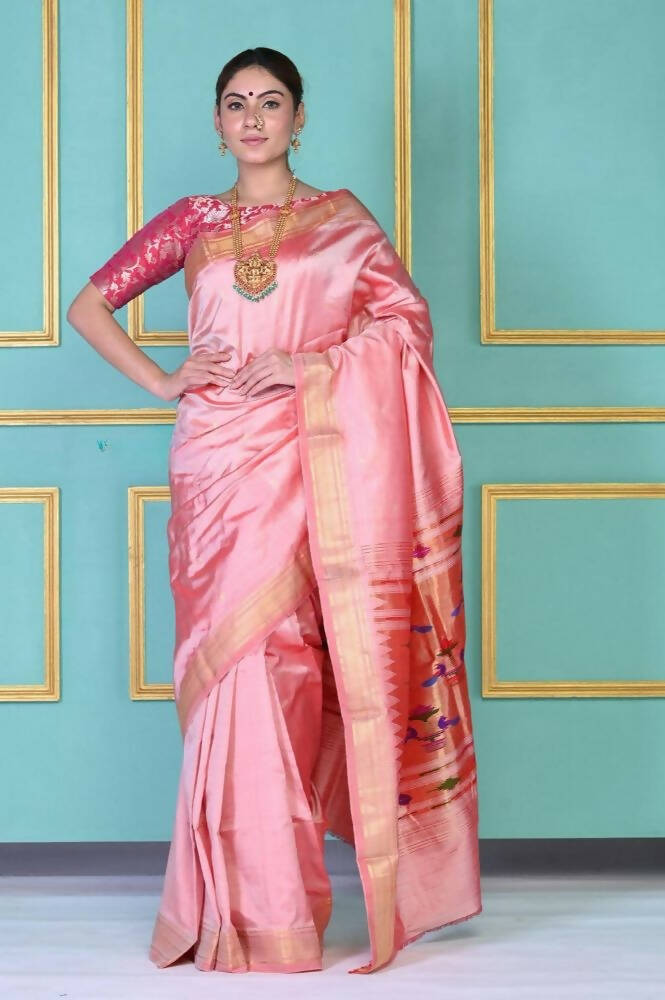 Very Much Indian Traditional Pretty Peach Pure Silk Double Pallu Paithani With Designer Peacocks Pallu - Distacart