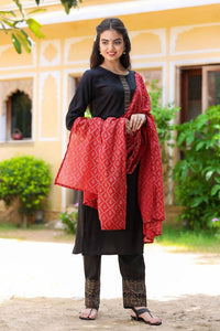 Thumbnail for Yufta Women Black & Maroon Thread Work Pure Cotton Kurta with Palazzos & With Dupatta