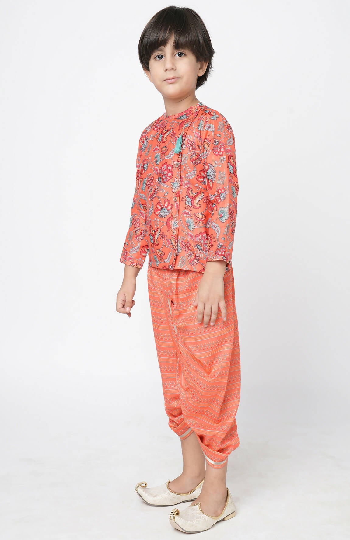 Lil Drama Golden Weaves Boys Orange Kurta With Dhoti Set - Distacart