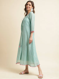 Thumbnail for Sea Green Cotton Solid Flared Dress with Printed Shrug - Yukti - Distacart