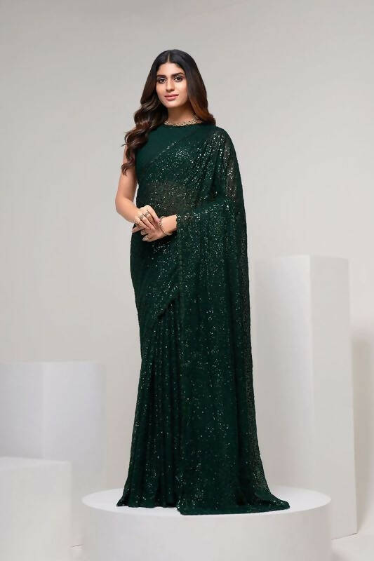 Aastha Fashion Women's Bottle Green Thread & Multi Sequins Embroidery Work Georgette Saree with Blouse - Distacart