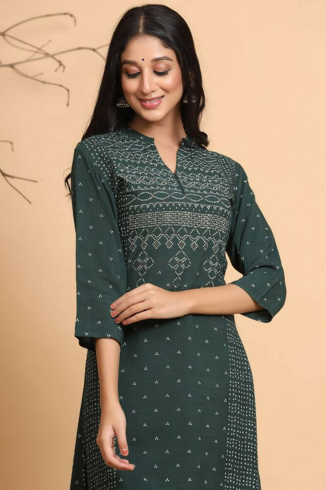 Juniper Women Jade Green Rayon Slub Bandhani Printed A-Line Kurta - Distacart