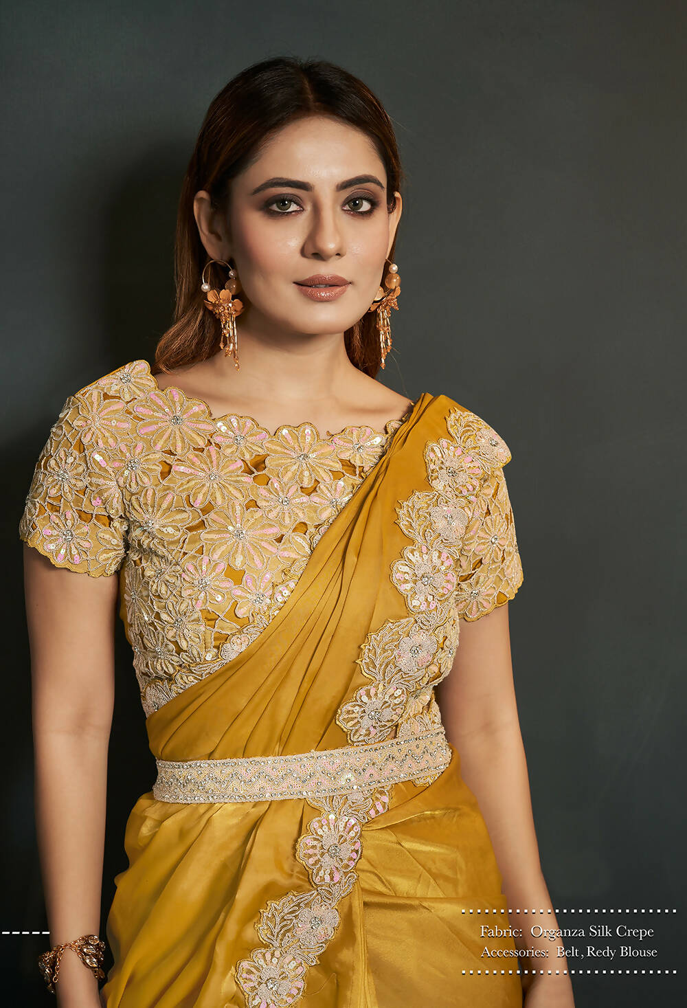 Mustard Organza Silk Crepe Cord Sequence & Thread Embroidered & Stone Work Saree - Moh-Manthan Royal Enigma - Distacart