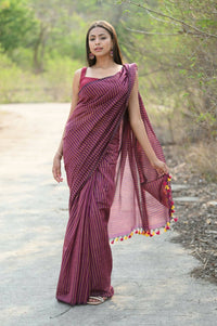 Thumbnail for Very Much Indian Designer Pure Cotton Saree With All Over Linear Stripes - Maroon - Distacart