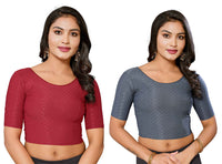 Thumbnail for Malishka Women's Lycra Readymade Blouse Combo Pack - Maroon & Grey - Distacart