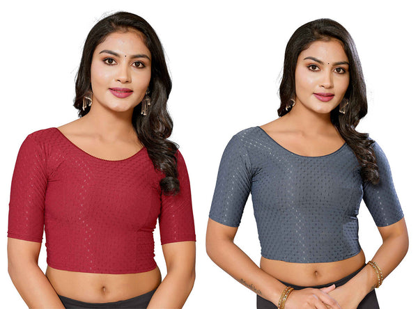 Malishka Women's Lycra Readymade Blouse Combo Pack - Maroon & Grey - Distacart