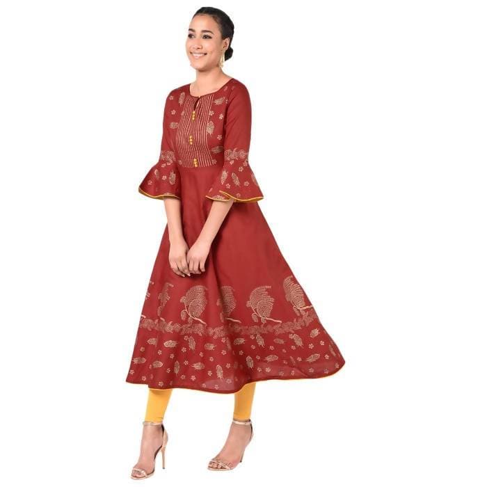 Aniyah Cotton Gold Print Flared Anarkali Kurta Maroon (AN-162K)