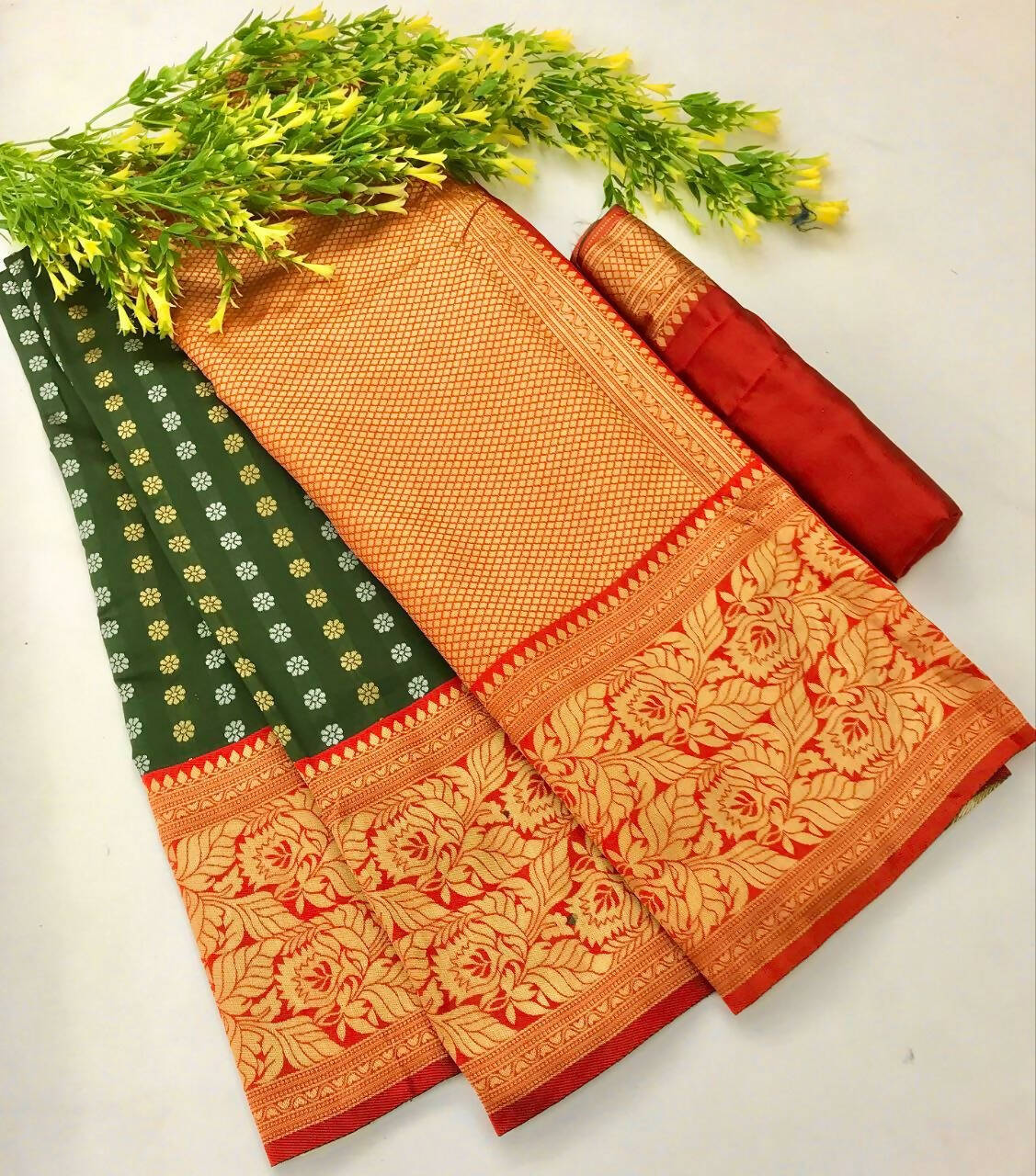 DEIANA'S Beautiful Golden Jari with New Design Soft Lichi Silk Saree - Green - Distacart