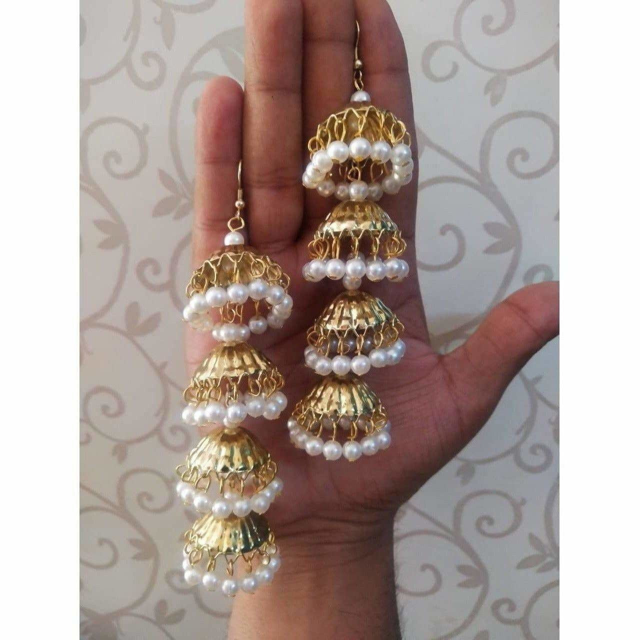 Traditional Latkan Gold Plated Bridal And Occasional Wear White Pearl Earrings