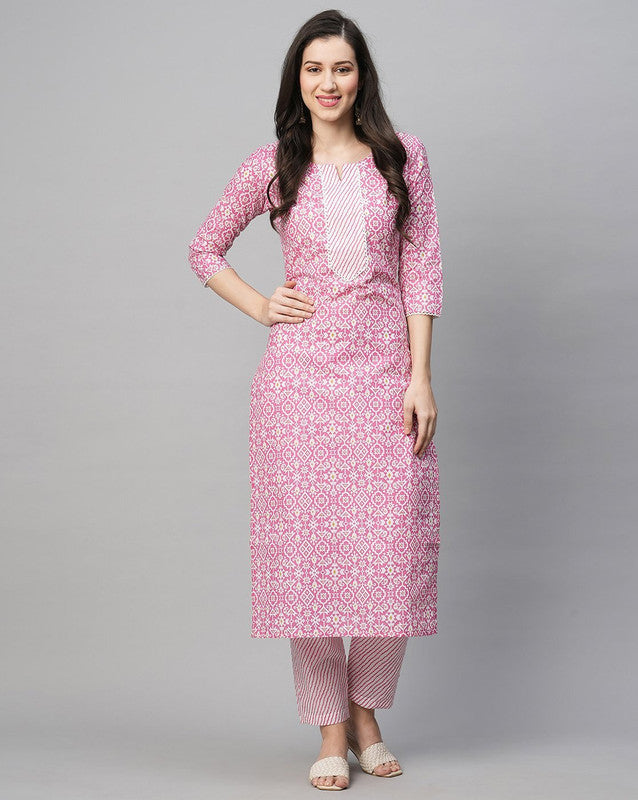 Malishka Women's Printed Pink Cotton Blend Kurta Pant Set - Pink - Distacart