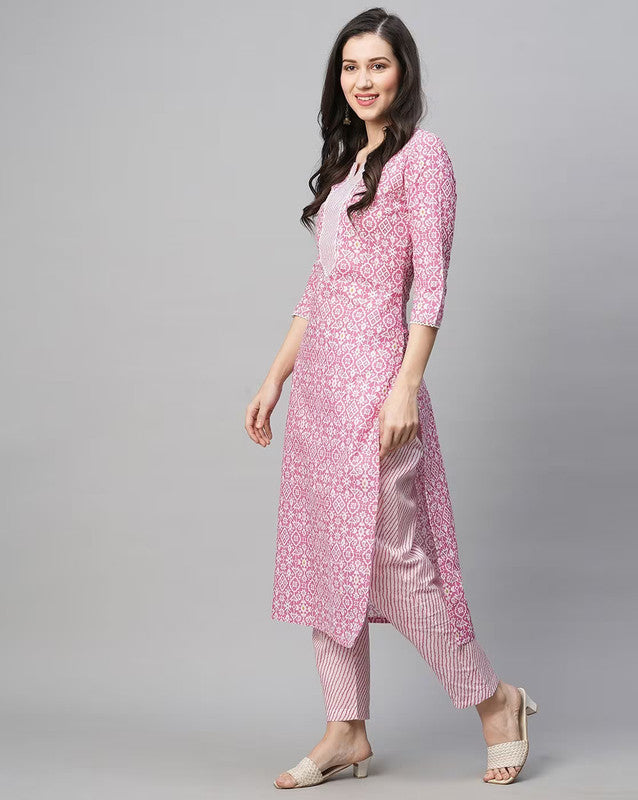 Malishka Women's Printed Pink Cotton Blend Kurta Pant Set - Pink - Distacart