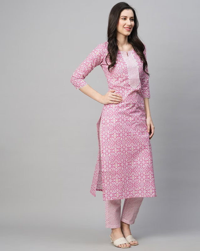 Malishka Women's Printed Pink Cotton Blend Kurta Pant Set - Pink - Distacart